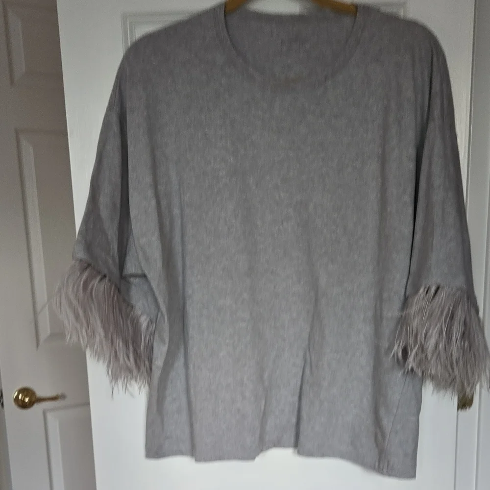 No. 21 Glamorous Gray 3/4 Sleeve Top W/ Feather Cuffs. 100% Cotton EUC XL - Picture 1 of 7